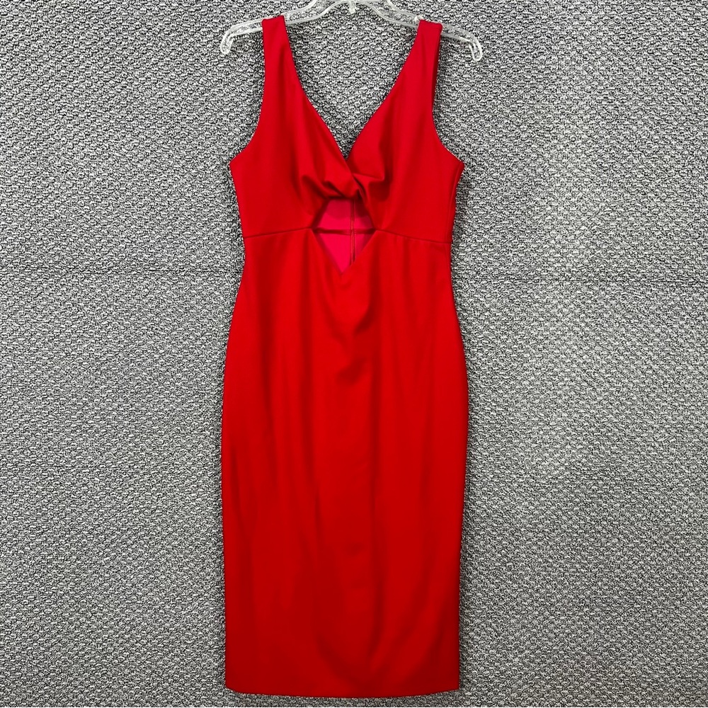 The Label Red Plunge Neck Sleeveless Midi Dress
